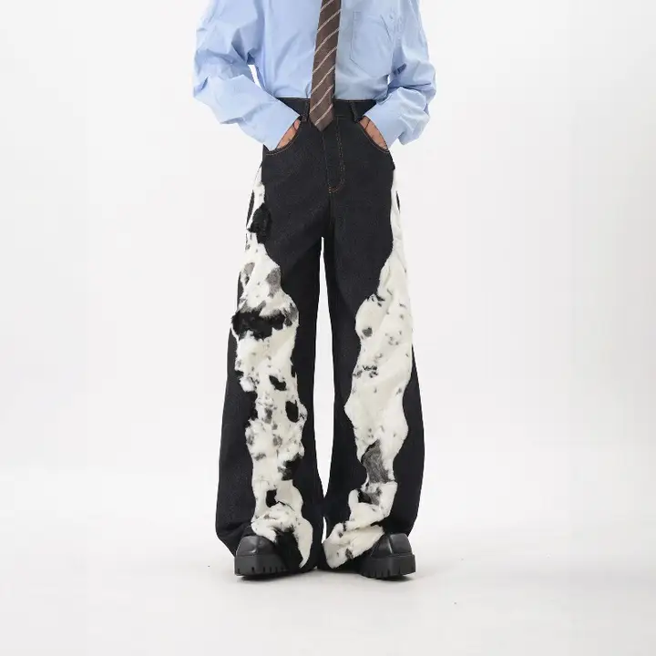 デザイン性のあるパッチワークフリースデニムパンツ【秋用・男女兼用・ワイドレッグ】