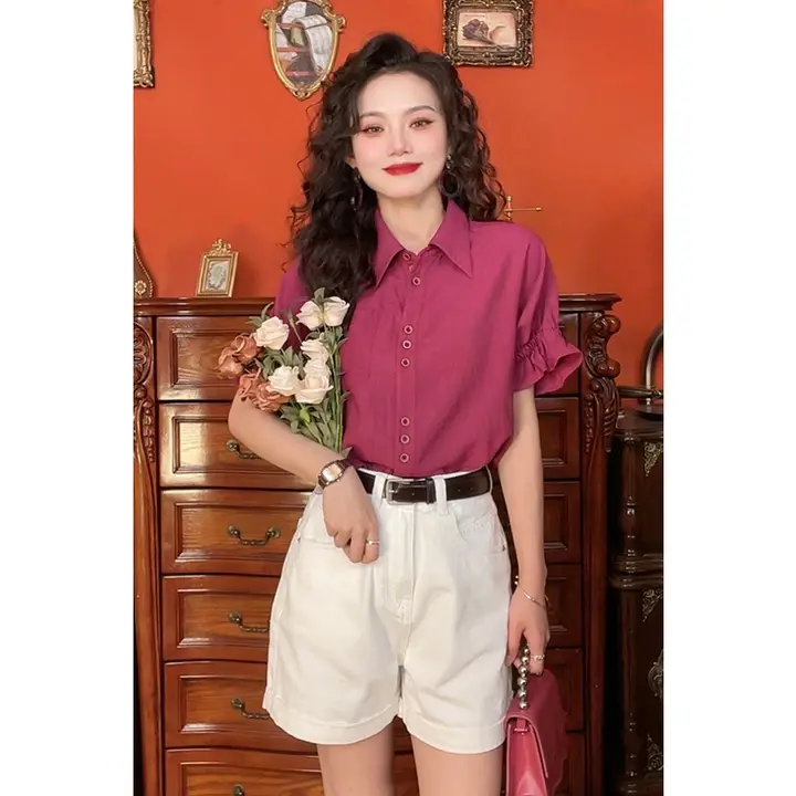 ヴィンテージ風デザインの気質を引き立てる短袖シャツ【女性用・夏用】