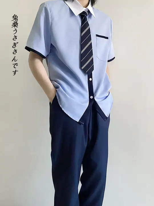 高校生向け夏用半袖シャツ【高級感・衿付き・ネクタイ・パンツ付き】（セットアップ対応）
