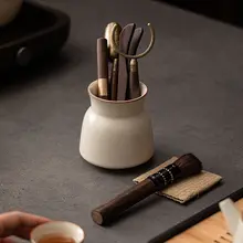 米色の汝窯茶道筒 六君子功夫茶具【陶器製・茶夹・茶さじ・茶針付き】
