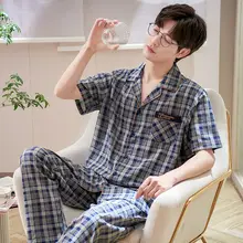 メンズ夏用コットンパジャマセット【短袖・長パンツ・大きいサイズ・薄手】