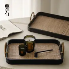 ウッド製ヴィンテージスタイル角型トレイ【茶室・藤編み・高級感】