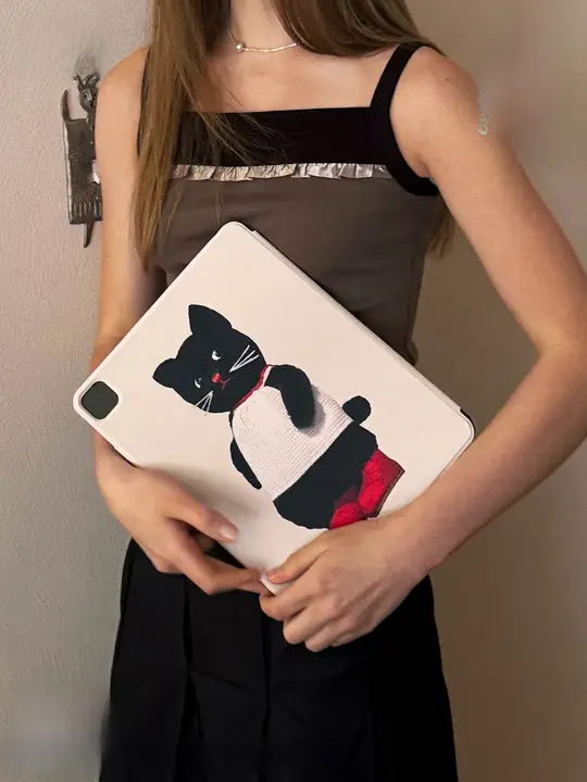 可愛いデザインのiPadケース【天馬と黒猫のイラスト・マグネット付き・レトロスタイル・持ち運び便利】