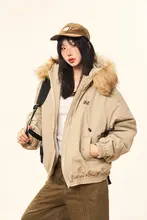 ヴィンテージ風 フード付きダウンジャケット【女性用・厚手・ショート丈・毛皮襟付き】