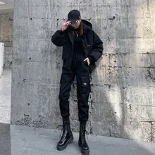 レディース 高ウエスト カーゴパンツ【黒・スリムフィット・秋冬用・ハイウエスト・リブ付き】