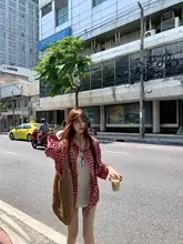 レディース赤いチェック柄シャツ【夏用・フィット・薄手・カーディガンスタイル】（セットアップ対応）