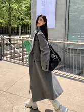 グレーのスーツカラーのウールコート 女性用 秋冬 ダブルブレスト ロング ウール コート アウター