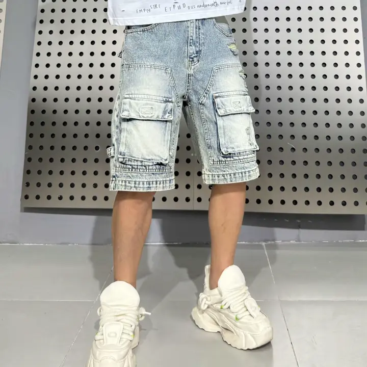 男性用 夏用 アメリカンビンテージウォッシュ加工 多ポケットデザイン 作業用ショートパンツ【カジュアル・ヒップホップ・ハーフパンツ】（セットアップ対応）