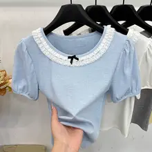 フランス風レトロリボン付きレースバブルスリーブTシャツ【半袖・ゆったりフィット・夏用】