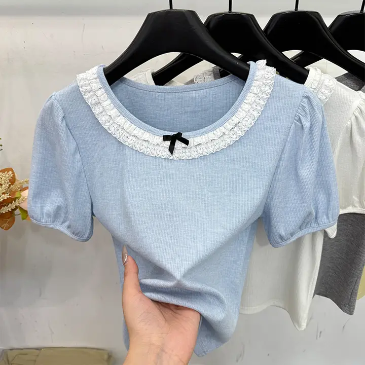 フランス風レトロリボン付きレースバブルスリーブTシャツ【半袖・ゆったりフィット・夏用】