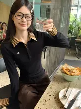 チェック柄ポロネック長袖トップス【春用・レディース・スリムフィット】
