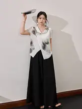 新中式水墨染めブラウス・スタイルアップのワイドレッグスカートパンツ【夏用・大きいサイズ・気品あるデザイン】（セットアップ対応）