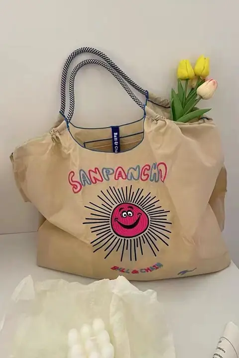 刺繍入りキャンバスショッピングバッグ【ひまわりデザイン・折りたたみ可能】