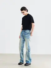 鹿脂クリームブルーのスプレーウォッシュダブルビーニットストレートデニムパンツ