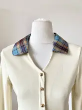 レトロチェック柄ポロカラー長袖Tシャツ【女性用・ファッション性のあるデザイン】（セットアップ対応）