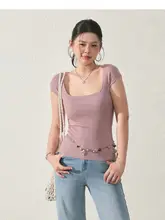シンプルで多用途なフィット感の良いショートスリーブTシャツ【四角いネックライン・大きいサイズ】