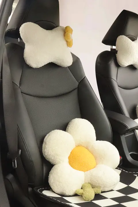 冬用 フラワーデザイン自動車用ヘッドレスト＆腰サポートクッション【可愛いカートンスタイル・2個セット】