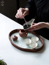 ガラス製の海棠模様の茶托盤【竹製・シンプルデザイン・ティールームやフルーツ用】