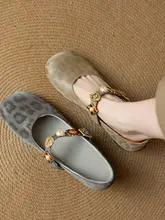 春秋用マリー・ジェーンシューズ【水晶装飾・ラウンドトゥ・中ヒール・グレー・ベージュ・レトロデザイン】