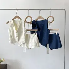 夏季 韓国風 ダブルブレスト ノースリーブ ショートベスト と  ハイウエスト プリーツ ワイドパンツ（セットアップ対応）