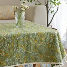 刺繍入りナチュラルベージュテーブルクロス【リネン混・長方形・軽奢華・茶の間用】