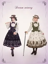 優雅なレトロデザイン！小熊とぶどうプリントのロリータスタイル 半袖シャツとスカートの組み合わせ（セットアップ対応）