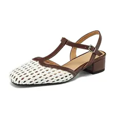 フランス風レース編み包頭サンダル【粗ヒール・コンビカラー・ローマスタイル】