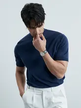 夏用 紳士向け 高級感のあるコットンビジネスカジュアル 半袖Tシャツ【黒・クルーネック・コットンニット】