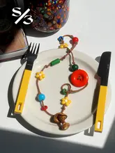 天然素材使用の手作りビーズネックレス【カラフルな花ときのこデザイン】