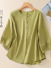 オーガニックコットンリネン製 九分袖シャツ【女性用・フィット・ラウンドネック・シンプルデザイン】