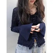 柔らかなフリルデザインのビンテージ風ニットカーディガン【女性用・フロントボタン・ルーズフィット 】