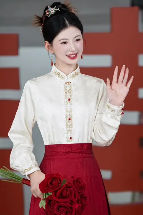 刺繍入り立襟ブラウス【新中式・花柄・長袖】（セットアップ対応）