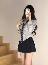 ストライプデザインのウエストマークシャツ【ショート＆ロングスリーブ・女子JK制服・禁忌の少女スタイル】（セットアップ対応）