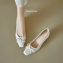 羊革製 フラットバレエシューズ【リボン付き・粗いヒール・バレエスタイル】（セットアップ対応）