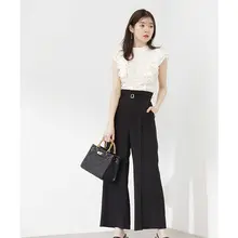 春夏用通勤スタイルのハイセンスなベルト付きフラワーバッグパンツ【ワイドレッグ・九分丈・女性用】