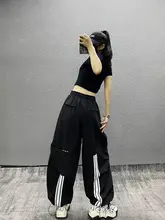 ストライプ配色デザインの薄手カーゴパンツ【ハイウエスト・ゆったりフィット・テーパード】（セットアップ対応）