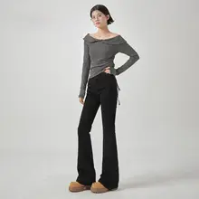 高腰ストレッチデニムパンツ【ブラック・フレアデザイン・小柄向け・ハイウエスト】（セットア ップ対応）