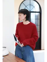 極上の柔らかさの全羊毛製 ワインレッドラウンドネック ニットセーター【レディース・ルーズフィット・レトロ風】