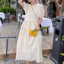 春夏用 ビンテージスタイル バルーンスリーブ レースデザインのワンピース【フィット・大きいサイズ対応】
