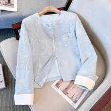 刺繍入りの新中華風 レディースジャケット【春秋用・短丈・ラ��ウンドネック】