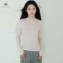 半高めのネックデザインの女性用天絲羊毛長袖Tシャツ【春夏用・ピンク・カジュアル】（セットアップ対応）