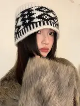 レトロ ダイヤモンド柄 ニット帽【防寒・耳あて付き・秋冬用】