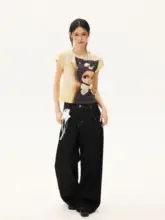 アメリカンカートゥーンプリントの涼感Tシャツ【女性用・フリル袖・ラウンドネック・スリムフィット】