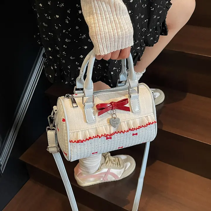 甘いリボン付きハンドバッグ【レースエッジ・夏用・キャンバス・斜め掛け】