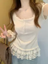 レース切り替えの大きなネックラインの半袖Tシャツ【春夏用・女性用・おしゃれなトップス】（セットアップ対応）