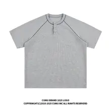 アメリカンレトロ風 ヘンリーネック半袖Tシャツ【ユニセックス・カジュアル・ゆったり】（セットアップ対応）
