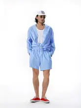 ハーフパンツ メンズ ブルー 縦ストライプ ドローコード ゴムウエスト ルーズ 快適 着回し 夏 「Shizukaumi」