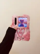 秋冬用 フワフワ素材 ピンクハートデザイン 折りたたみスマートフォンケース【個性的なカートンデザイン】