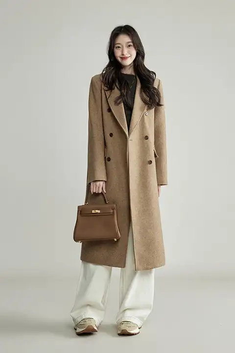 小柄女性用 キャメル色 ウール混ダブルフェイスコート【冬用・ミドル丈・正肩デザイン】