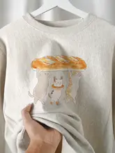 可愛いデザイン！手描きキャットプリントのラウンドネックスウェットシャツ【グレー・カジュアル・レディース】